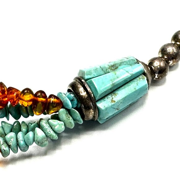 Vintage Navajo Four-Strand Turquoise and Amber Necklace w/Fluted Barrel Beads - Picture 6 of 14